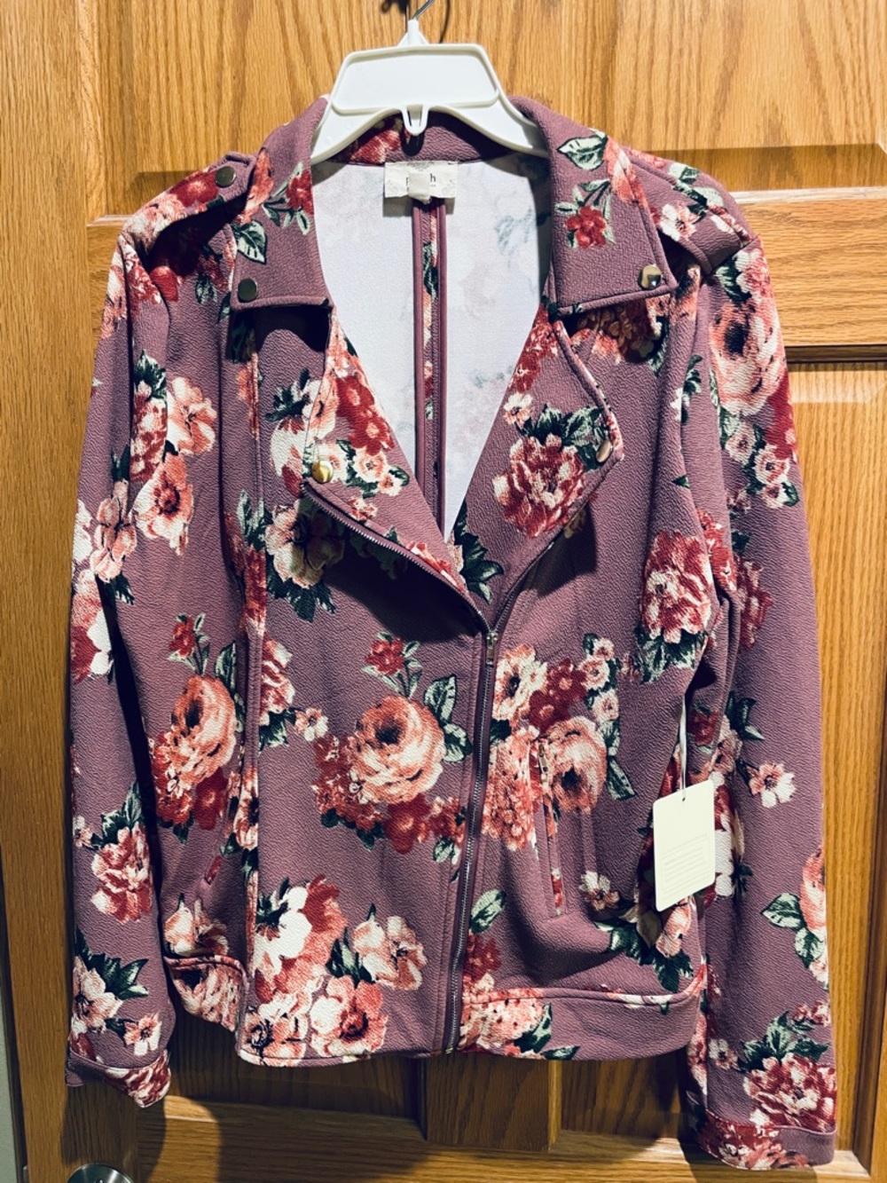 Floral Bomber Jacket in Mauve Pink - Women's Moto Style